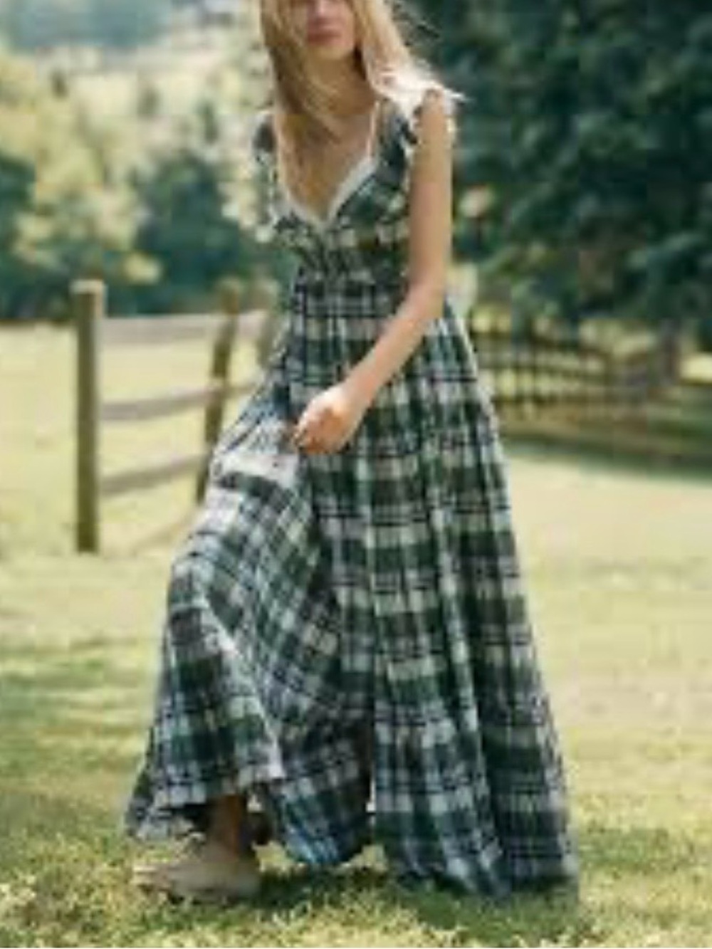 Anthropologie Green Plaid Maxi Dress with V-Neck